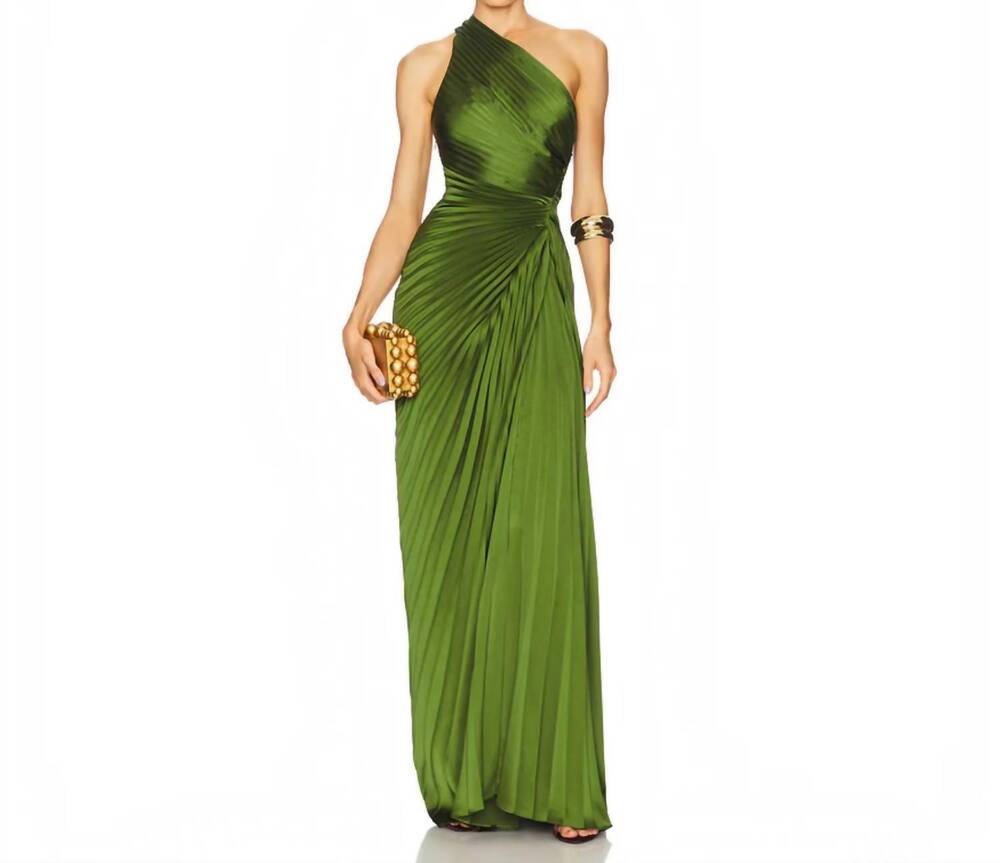 NEW A.L.C. lara one-shoulder plissé satin gown in ivy